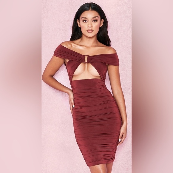 House of CB London Tiggy Wine Off Shoulder Ruched Front Bardot Dress - Picture 2 of 12